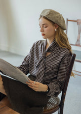 Vintage Plaid Scarf Tie V-Neck Blouse