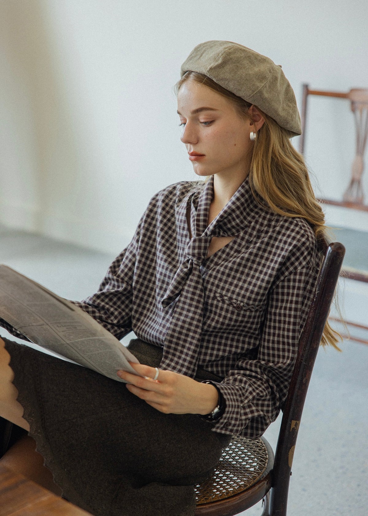Vintage Plaid Scarf Tie V-Neck Blouse