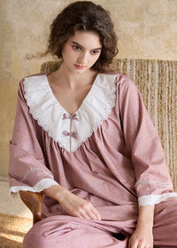 Vintage Lace Collar Pink Long Sleeve Women's Pajama Set