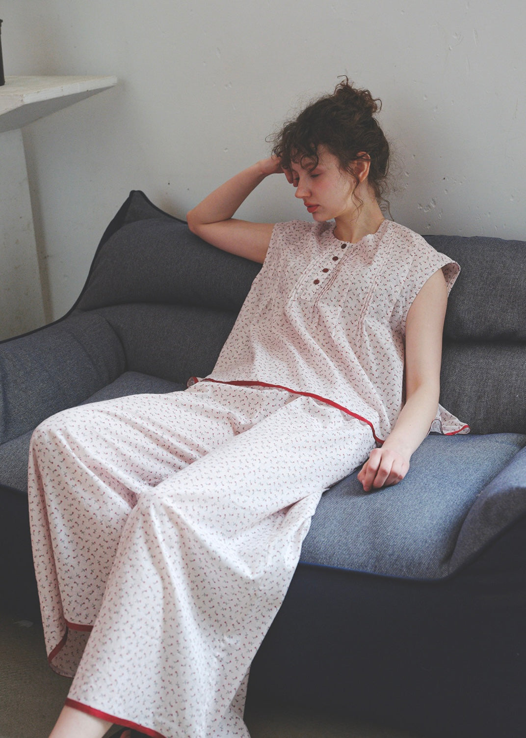Soft Rouge Cotton Pajama Set Floral Loose Cape Top Long Lounge Set