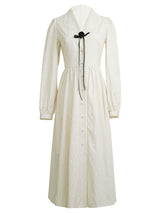 Vintage Cream beige Striped Velour Ribbon Collar Dress
