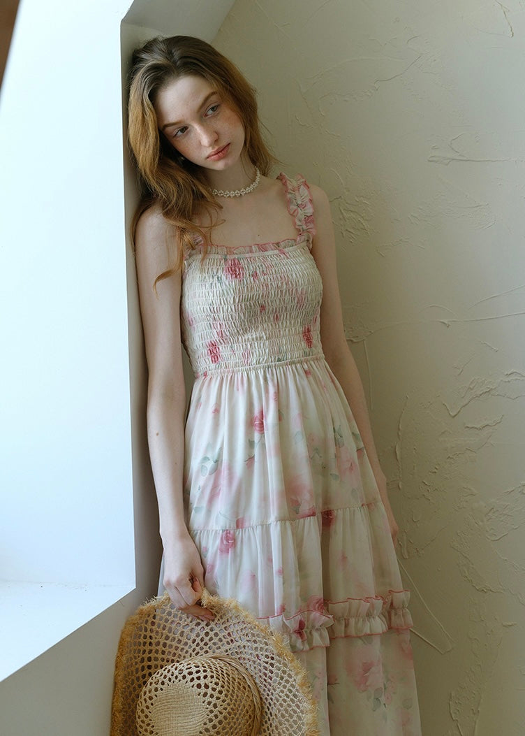 Rosette Waltz Tiered Floral Smocked Strap Dress