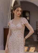 Pink Floral Flutter Sleeve Dress