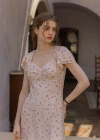 Pink Floral Flutter Sleeve Dress