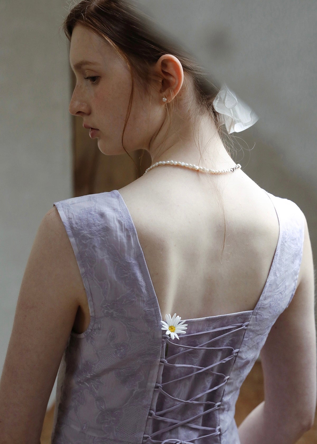 Lilas Reverie Lavender Jacquard Lace-Up Dress