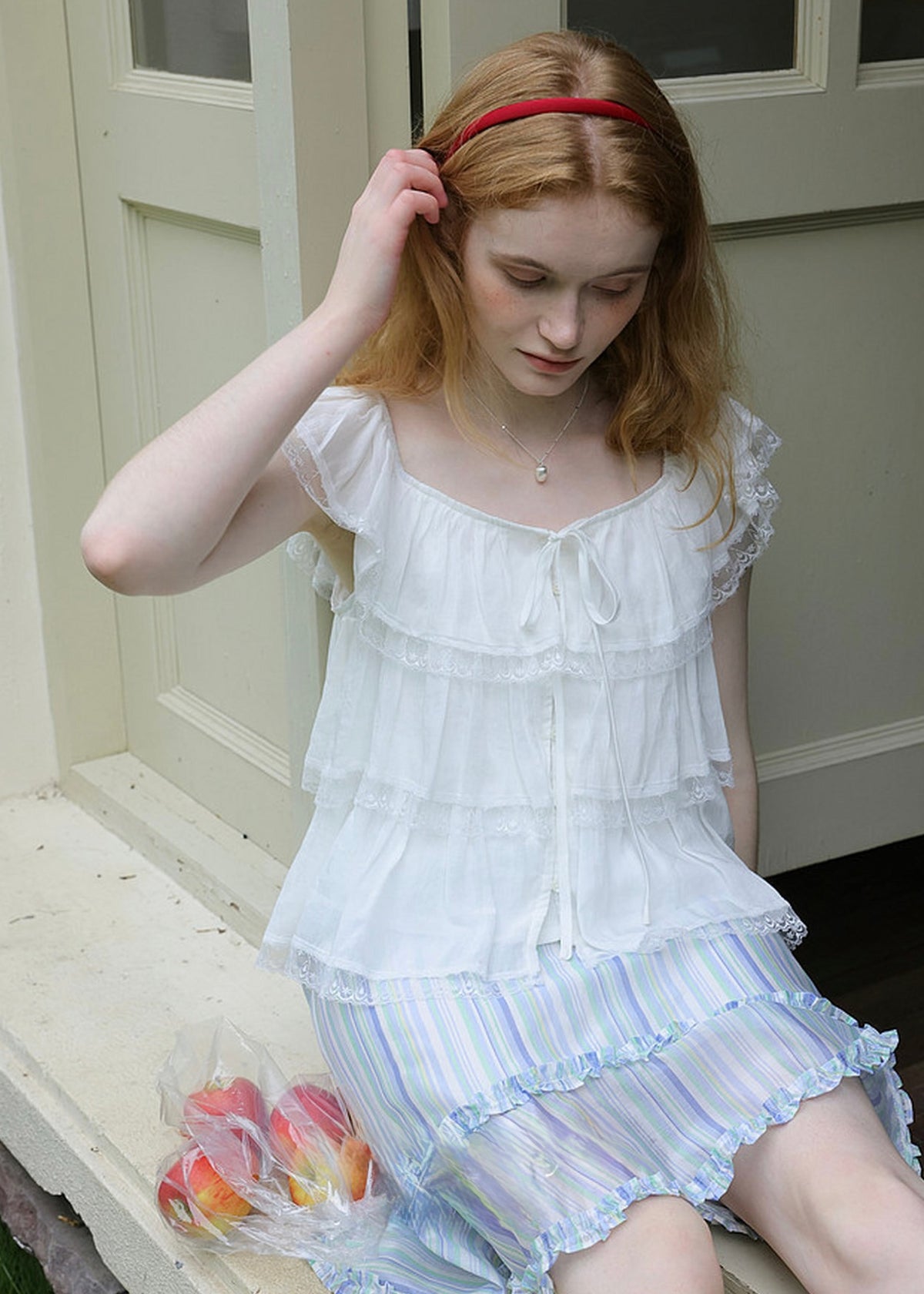 Lucile White Flutter Sleeve Lace Square Neck Blouse
