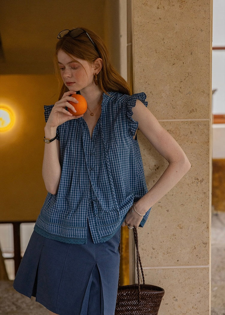 Blueberry Ruffle Gingham Blouse | Vintage Sleeveless Summer Top
