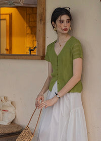 Été Knit Button Top | Slim Fit V-Neck Ribbed Summer Cardigan Blouse(2COLOR)