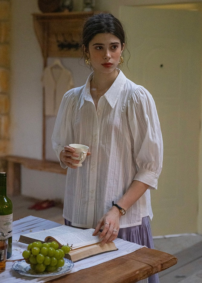 Maison Puff Stripe Shirt | Romantic Cotton Volume Blouse with Vintage Collar(2COLOR)
