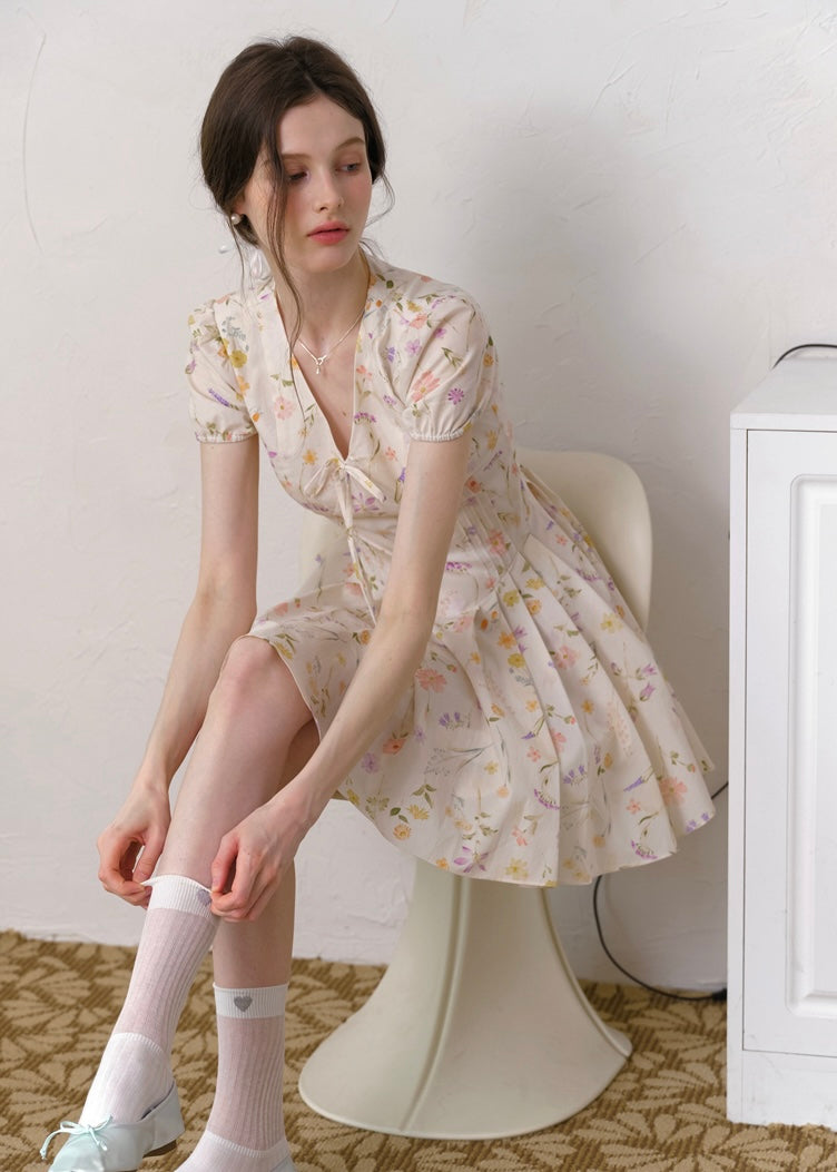 Blossom Ribbon Floral Puff Sleeve Mini Dress