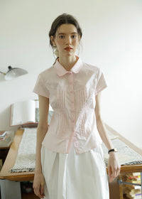 April Tuck Blouse | Vintage Pink Short Sleeve Shirt with Pintuck Detail