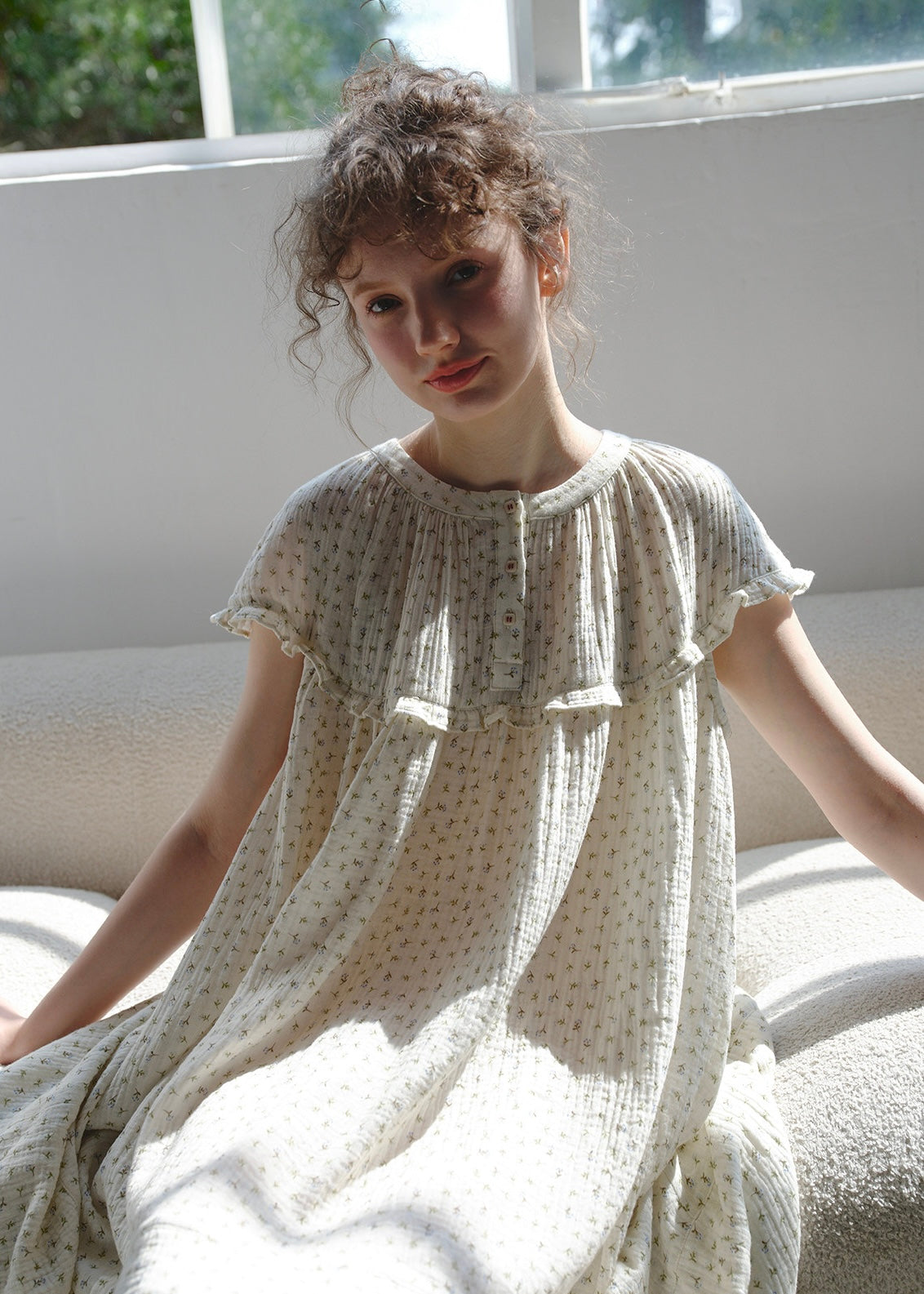 Quiet Daylight Cotton Gauze Nightdress Soft Floral Loose Lounge Dress