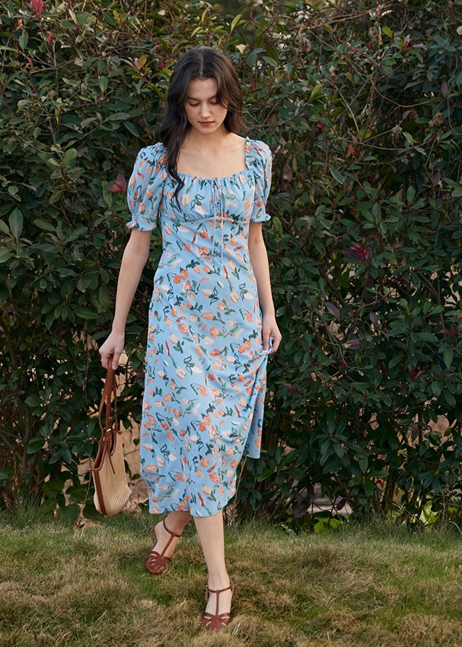 Blossom Breeze Dress | Puff Sleeve Blue Floral Summer Dress