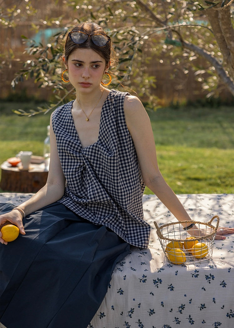 Lemon Noon Check Vest Top | Linen Cotton Sleeveless V-Neck Shirt(2COLOR)