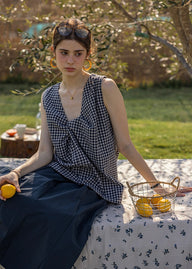 Lemon Noon Check Vest Top | Linen Cotton Sleeveless V-Neck Shirt(2COLOR)