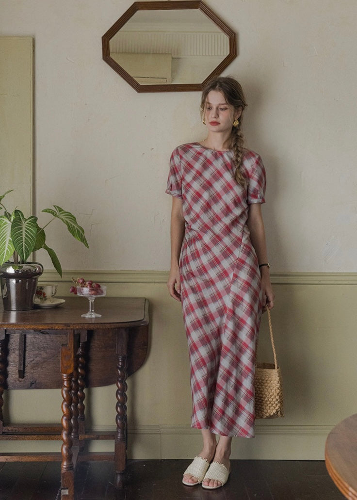 Pink Plaid Ruched Summer Dress