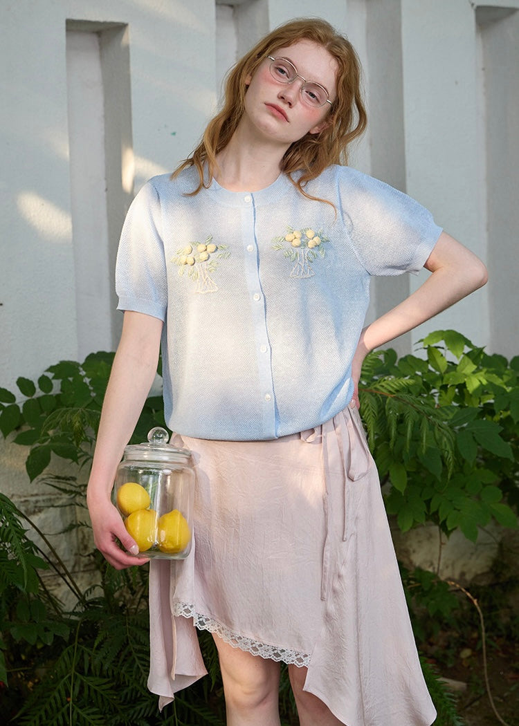 Lemon Letter Sky Knit Cardigan Blue Short Sleeve Knit Top