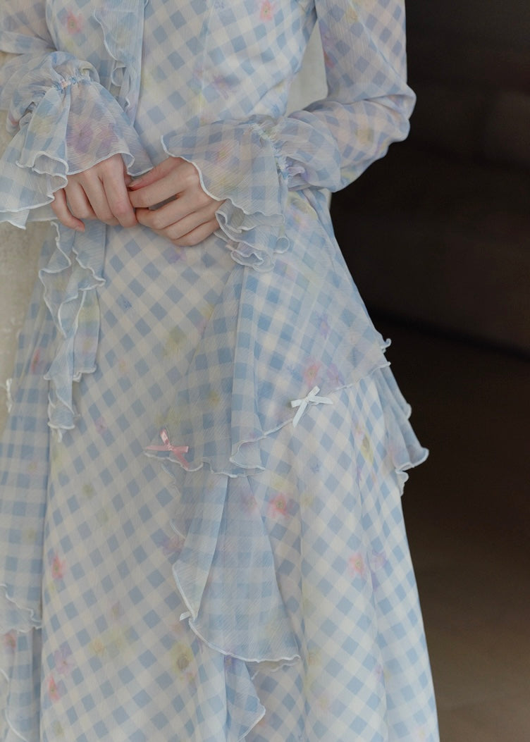 Pastel Ribbon Days Dress | Vintage Gingham Ruffle Long Dress