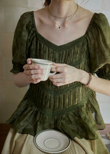 Château Garden Pintuck Blouse | Vintage Dark Green Peplum Top