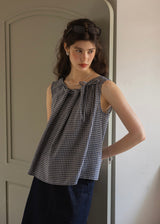 Blue Gingham Ribbon Tie Sleeveless A-Line Top