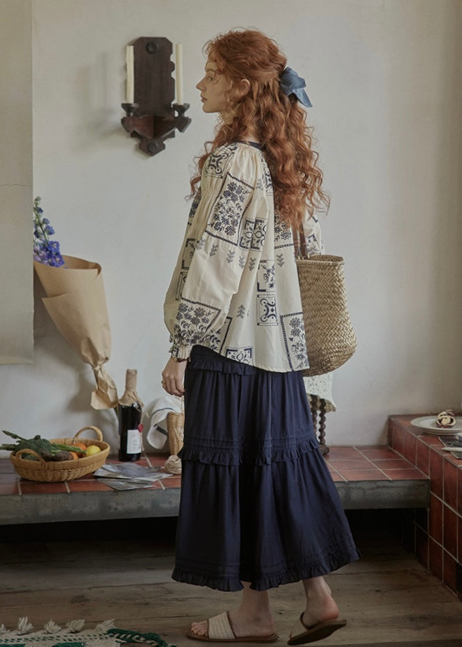 Meadow Folk Tie Blouse | Vintage Navy Print Peasant Top