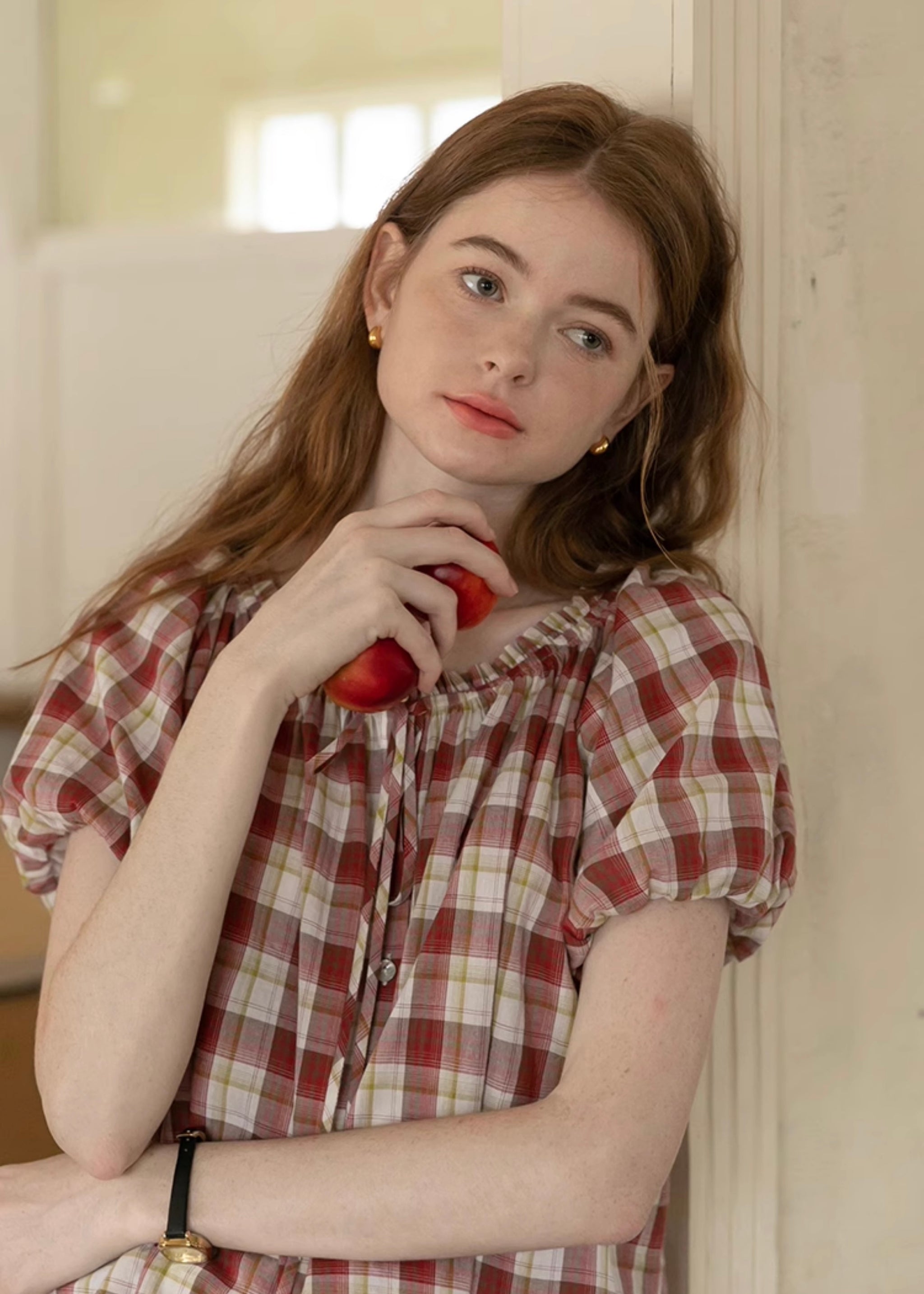 Cherry Plaid Ruffle Blouse | Vintage Red Gingham Short Sleeve Top