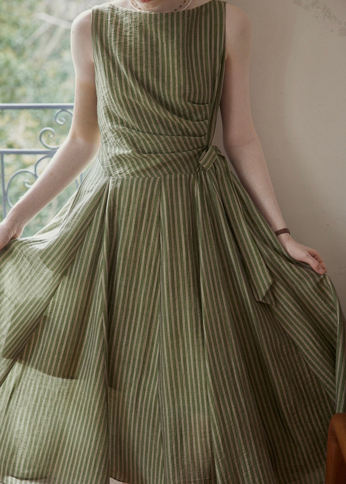 Verdant Sleeveless Vintage Stripe Wrap Dress