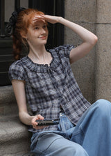 Vienna Plaid Ruffle Blouse | Vintage Puff Sleeve Check Top