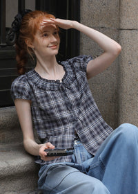 Vienna Plaid Ruffle Blouse | Vintage Puff Sleeve Check Top