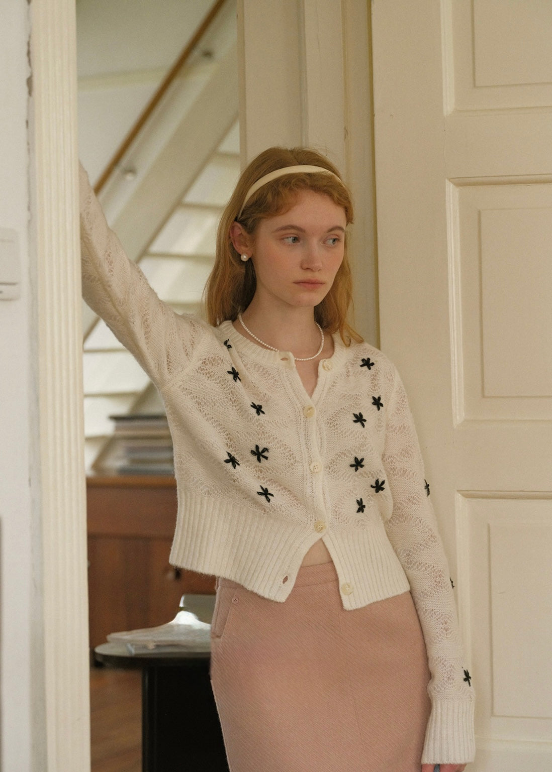 Daisy Embroidered Vintage Cream Knit Wool Cardigan