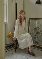 Cream Beige Vintage Ruched Waist Embroidered Dress