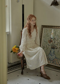 Cream Beige Vintage Ruched Waist Embroidered Dress