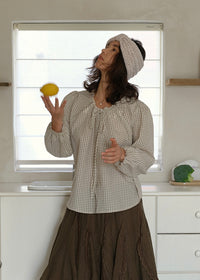 Vintage Gingham Embroidered Puff Sleeve Tie Front Blouse