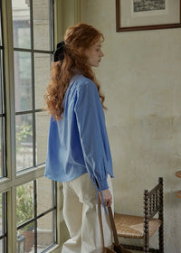 Vintage Blue Stand Collar Long Sleeve Blouse