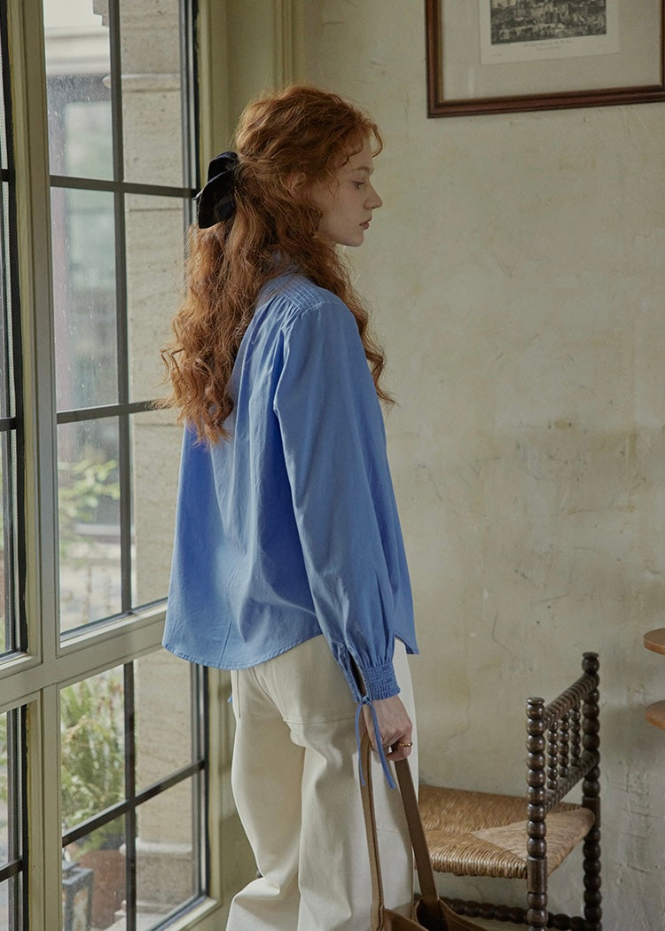 Vintage Blue Stand Collar Long Sleeve Blouse