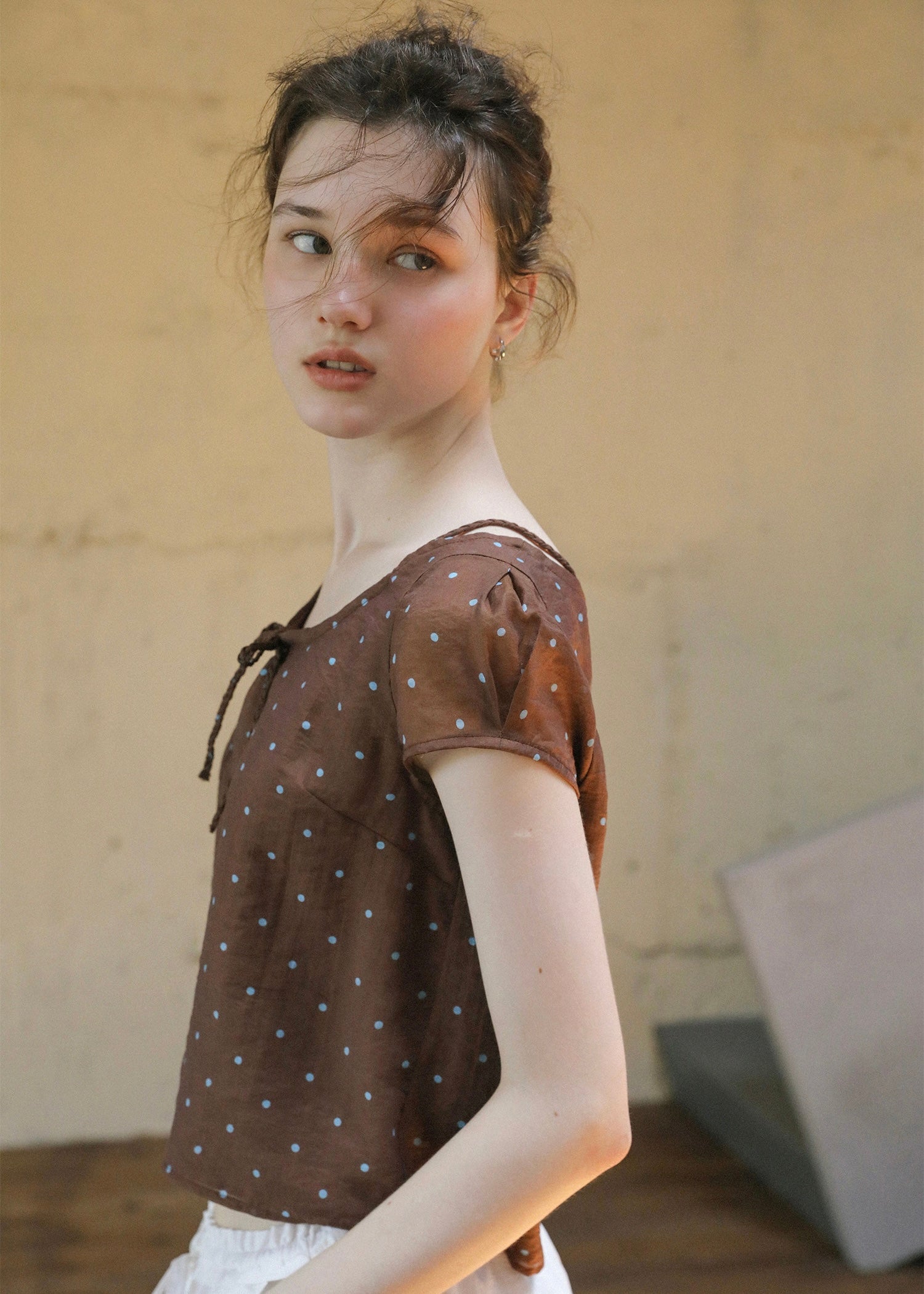 Cocoa Dots Short Sleeve Ribbon Tie Blouse