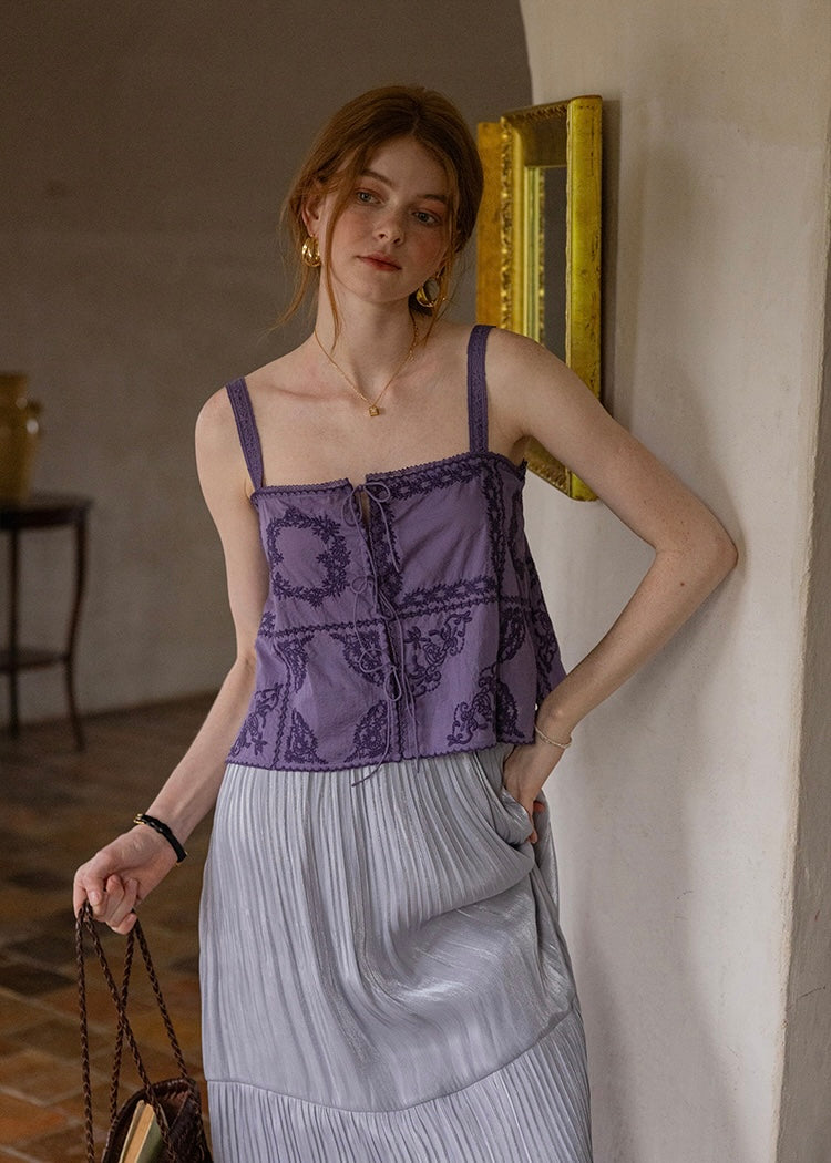 Serenade Embroidered Cotton Cami Top | Vintage Lace-Up Eyelet Vest(2COLOR)