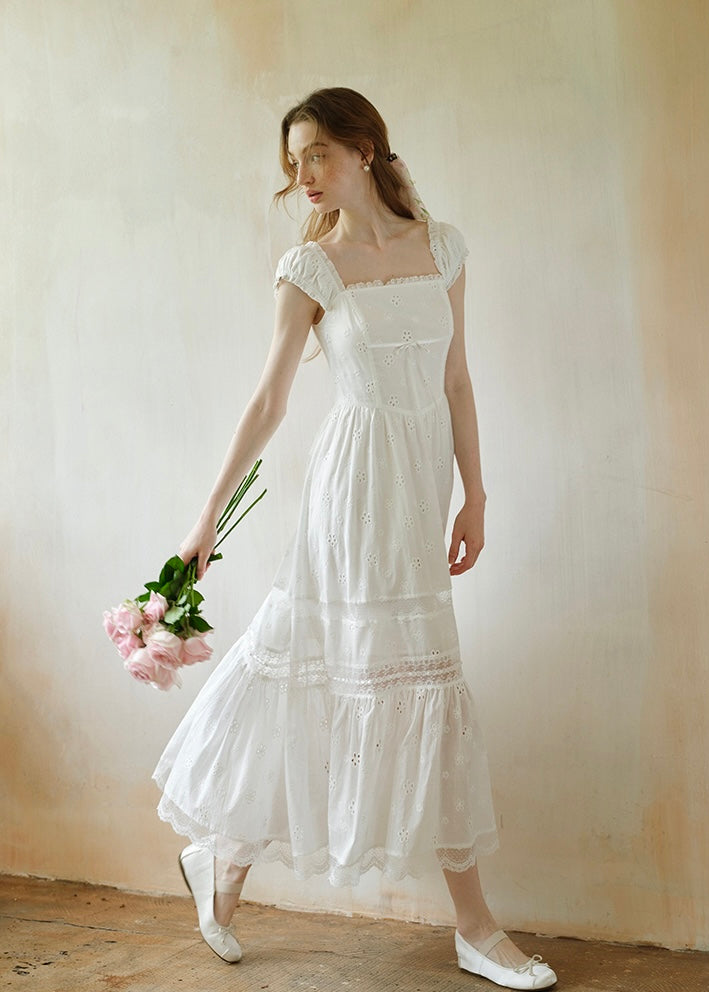 Élise Broderie White Dress | Romantic Lace Cotton Maxi Dress