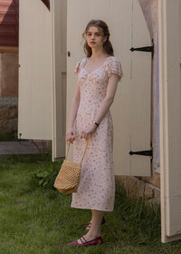 Pink Floral Flutter Sleeve Dress
