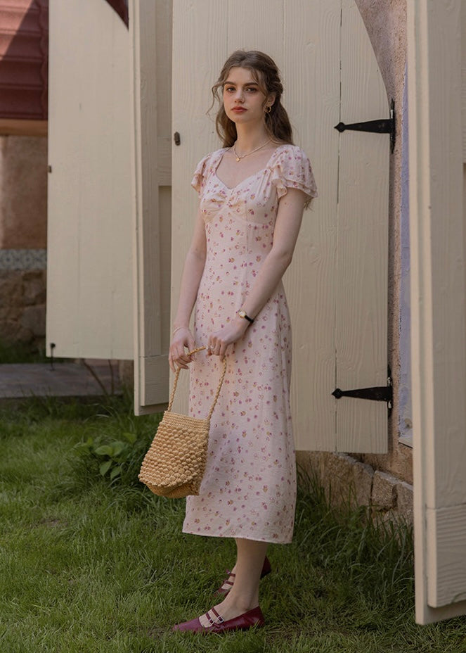 Pink Floral Flutter Sleeve Dress