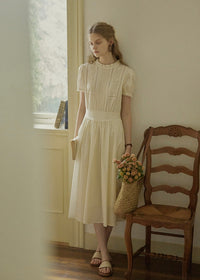 Ivory Poise Embroidered Puff Sleeve Midi Dress