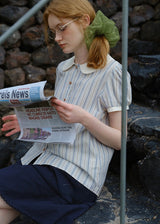 Blue Stripe Peter Pan Collar Puff Sleeve Blouse