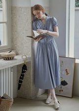 Blue Stripe Button Vintage Short Sleeve Dress