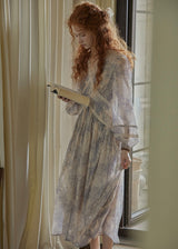 Ash Mist Blue Vintage Print Long Sleeve Dress