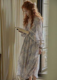 Ash Mist Blue Vintage Print Long Sleeve Dress