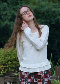 Vintage Ruffle Hem Half Button Long Sleeve Knit Top