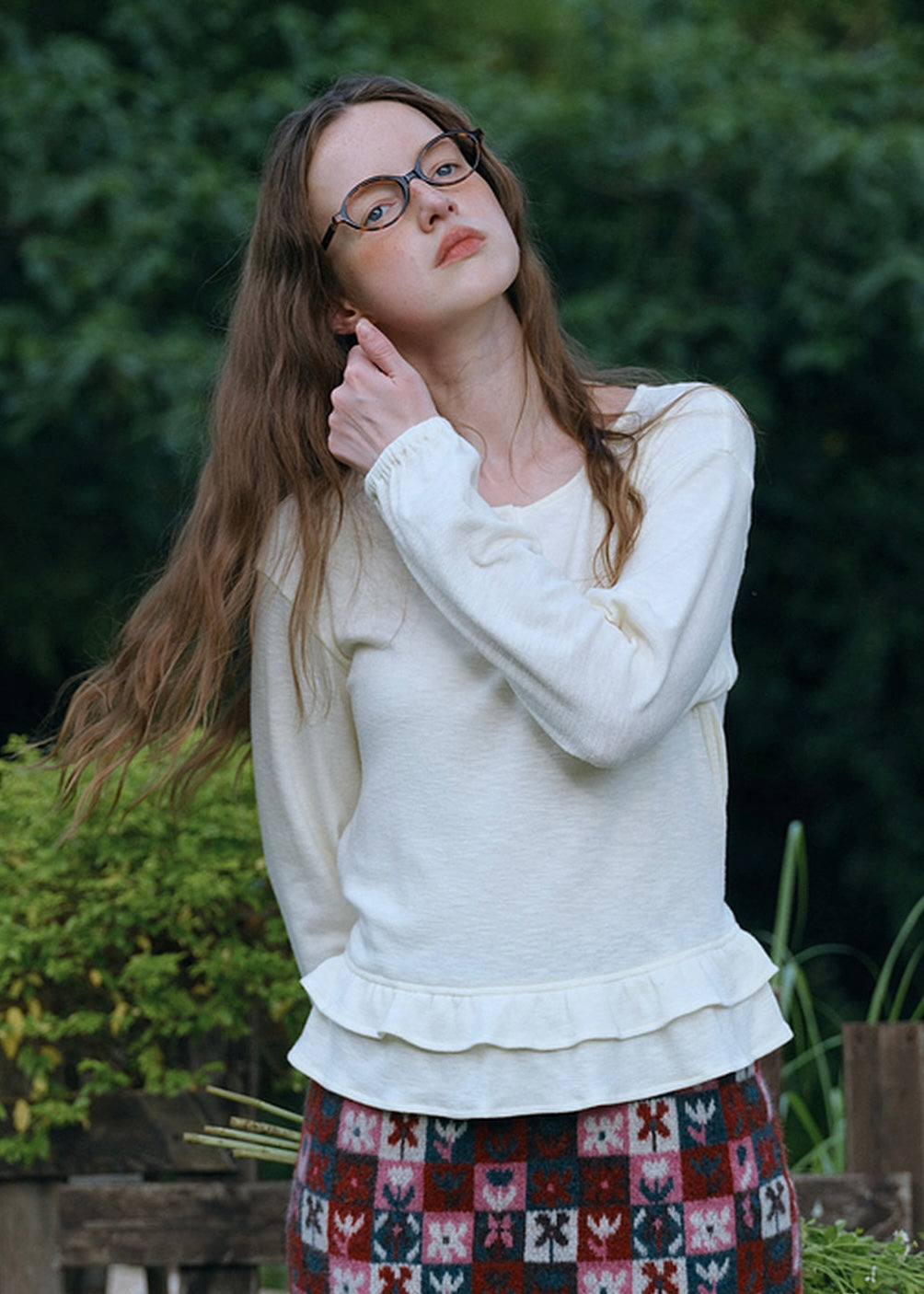 Vintage Ruffle Hem Half Button Long Sleeve Knit Top