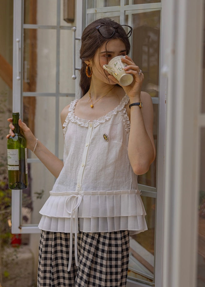 Lily Ruffle Blouse | Romantic White Frill Linen Sleeveless Top