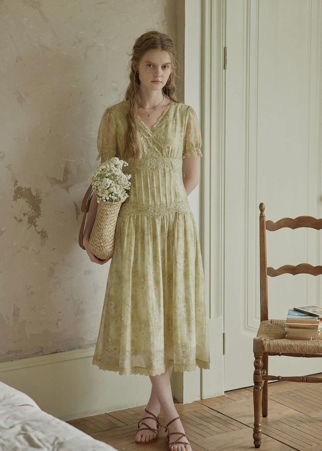 Elowen V-Neck Floral Lace Trim Dress
