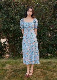 Blossom Breeze Dress | Puff Sleeve Blue Floral Summer Dress